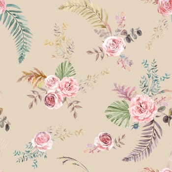 Watercolor vintage seamless pattern with flowers of white roses and tropical palm leaves for summer textiles of women is dresses and clothes