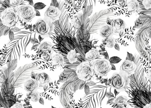 Seamless black and white pattern with a Bouquet of roses and tropical dried flowers in Boho style painted in watercolor for textile and fabrics
