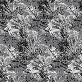 Monochrome watercolor seamless pattern with herbarium of protea flowers and tropical palm leaves for textile