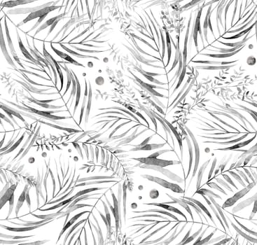 Monochrome watercolor seamless pattern with herbarium of flowers and tropical palm leaves for textile
