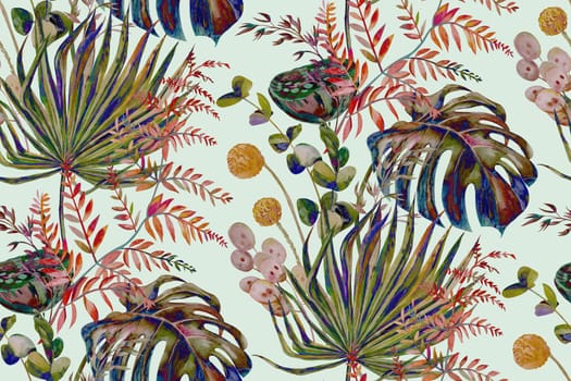 Seamless pattern with dry herbs and palm leaves and tropical leaves in boho style for textile
