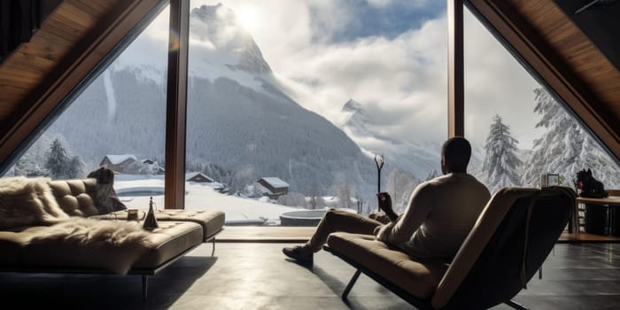 Traveler enjoying weekends inside contemporary barn house in the mountains. Happy tourist looking through panoramic windows in new cottage. comeliness