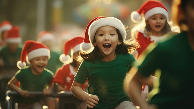 Happy kids in red Santa hat have fun and laughing. Christmas games and fun