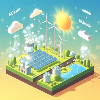 info graphic isometric depicting a set of clean energyy generation icons and situation for better future ai art