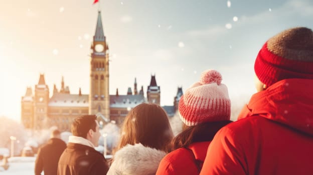 Happy Canadian wearing winter clothes celebrating Christmas holiday at Parliament Hill. People having fun hanging out together walking on city street. Winter holidays and relationship concept.