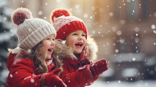 Kids building snow man playing outdoors on sunny snowy winter day. Outdoor family fun on Christmas vacation