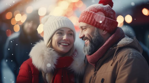 Happy Friends wearing winter clothes celebrating Christmas holiday. People having fun hanging out together walking on city street. Winter holidays and relationship concept.