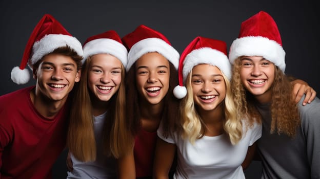 Happy teenagers wearing Santa Claus hat celebrating Christmas night together. Group of young people having new year party outside. Winter holidays concept.