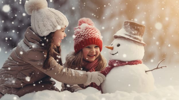 Kids building snow man playing outdoors on sunny snowy winter day. Outdoor family fun on Christmas vacation