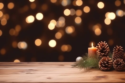 Merry Christmas and Happy New Year background with empty wooden table over Christmas tree and blurred light bokeh. Empty display for product placement. Rustic vintage Xmas 2024 background. comeliness