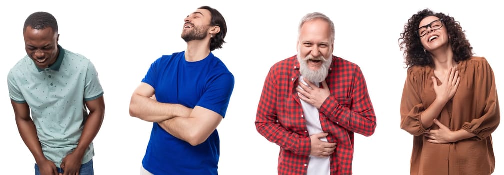 Group of laughing people of different ages, collage of portraits.