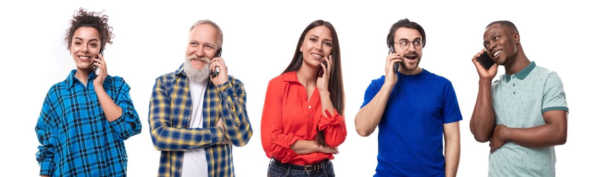 Group of men and women of different ages talking on smartphones, collage.