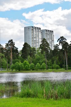 Multi-storey residential buildings on the shore of Shkolnoye Lake in Zelenograd in Moscow, Russia