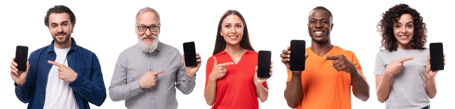 Group of men and women of different ages holding smartphones with mockup for advertising.