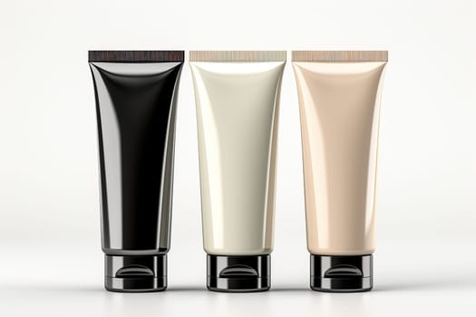 Three black, cream and white body care tube jars isolated on white background, body care cosmetics.
