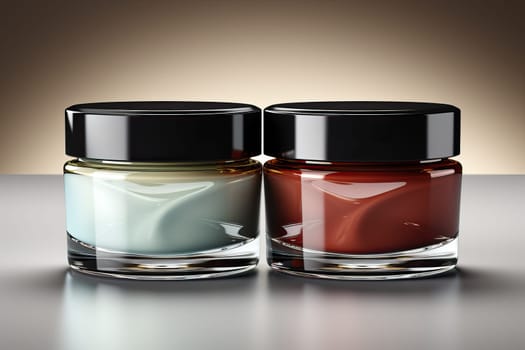 Two glass jars for cream on a white background, face and hand skin care.