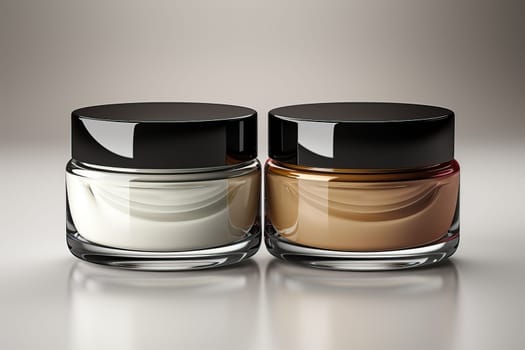 Two glass jars for cream on a white background, face and hand skin care.