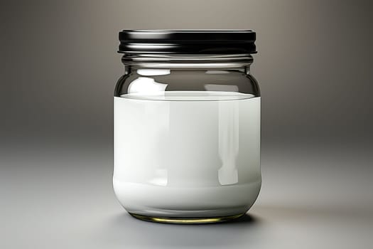 A glass jar with a white liquid on which the lid is screwed on a gray background.