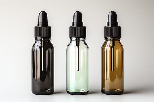Glass jar for serums and oils used in skin and hair care, jars with a dispenser on a dark white background.