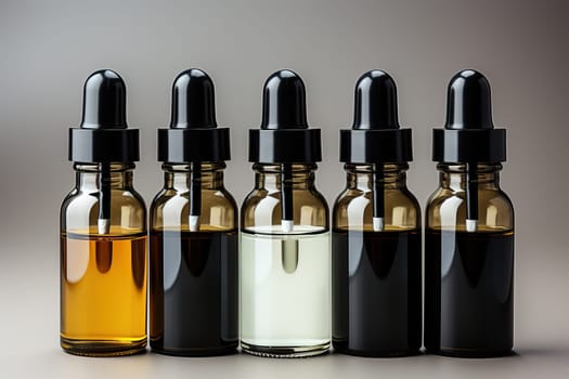 Glass jar for serums and oils used in skin and hair care, jars with a dispenser on a dark gray background.