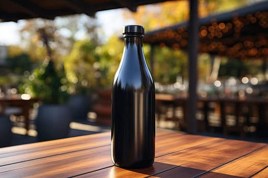 One bottle of dark beer is on the table, advertising beer for breweries and pubs.