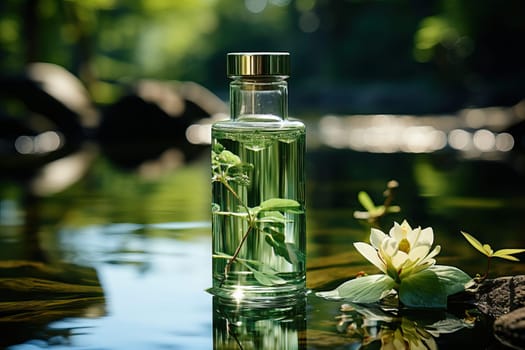 A bottle of fresh toilet water on a natural basis stands in water with green leaves and flowers.