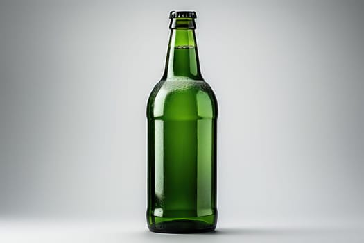 Green beer bottle isolated on white gray background, beer advertising banner.