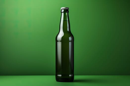 Glass green beer bottle, beer maker mockup on green background.