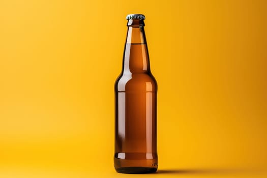 Glass brown beer bottle, beer maker mockup on yellow background.