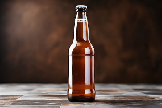 Glass brown beer bottle, beer maker mockup on brown background in venetian style.