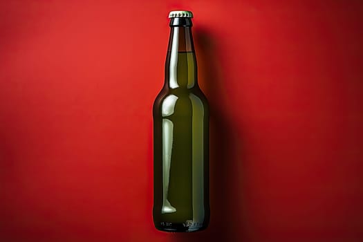 Glass green beer bottle, beer maker mockup on red background.