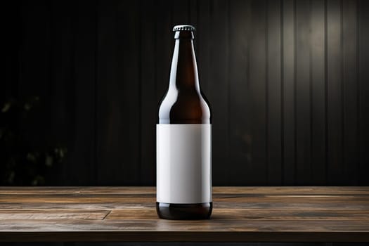 Glass brown bottle with white label for beer, beer maker mockup on black background.