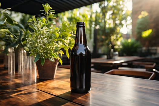 One bottle of dark beer is on the table, advertising beer for breweries and pubs.