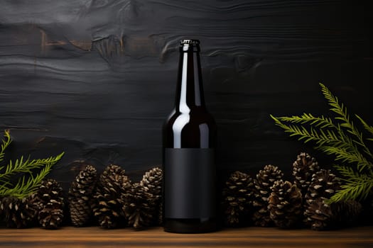 One bottle of dark beer is on the table, advertising beer for breweries and pubs.