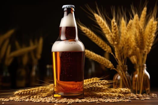 Brown big bottle of foamy beer on table with ears of rye, beer advertising banner.