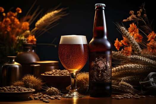 A full glass of foamy beer near a bottle of beer and ears of rye on a black background.
