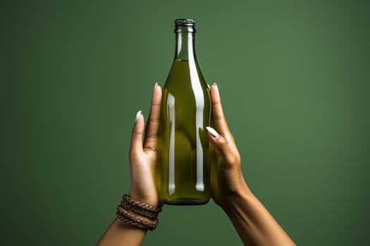 Glass green beer bottle, beer maker mockup on green background.