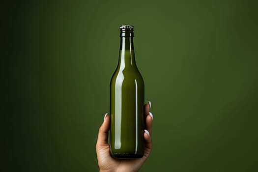 Glass green beer bottle, beer maker mockup on green background.