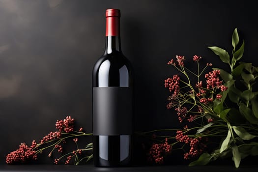 A bottle of wine with a black label on a black background, a mockup for wine label makers.