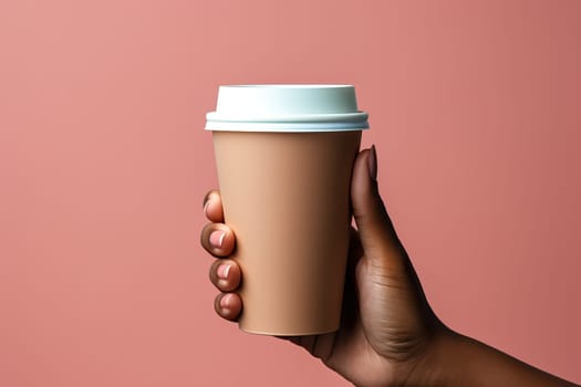 A woman holds a cup of coffee in her hands on a pink background, mockup for business ideas with coffee.