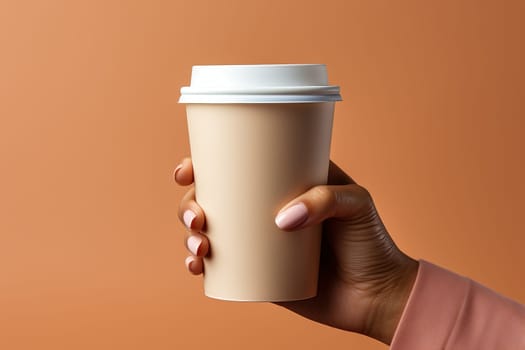 A woman holds a coffee cup in her hands on an orange background, mockup for business ideas with coffee.