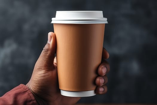 A man holds a paper cup for coffee, a mockup for manufacturers of branded cups for drinks, a banner for manufacturers of thermal paper cups.