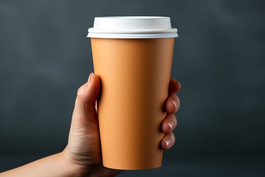 A woman holds a cup of coffee in her hands on a gray background, mockup for business ideas with coffee.