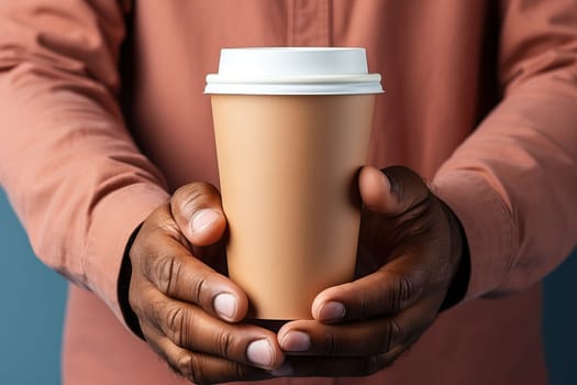 A man holds a paper cup for coffee, a mockup for manufacturers of branded cups for drinks, a banner for manufacturers of thermal paper cups.