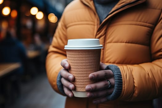 A man holds a paper cup in his hands for hot drinks on the background of a cafe.