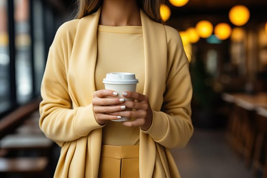 A woman holds a cup of coffee in her hands and stands on the background of a cafe, mockup for business ideas with coffee.