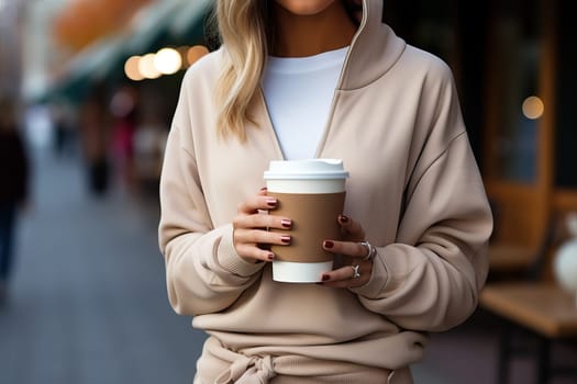 A woman holds a cup of coffee in her hands and stands on the background of a cafe, mockup for business ideas with coffee.