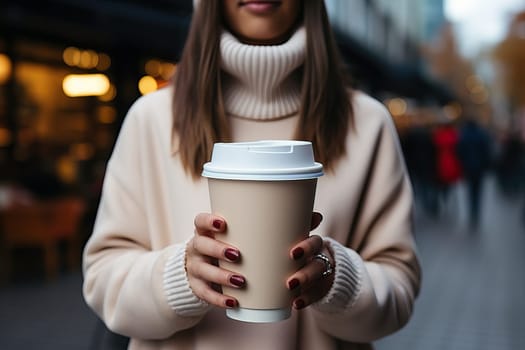 A woman holds a cup of coffee in her hands on a pink background, mockup for business ideas with coffee.