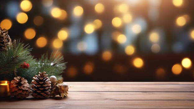 Merry Christmas and Happy New Year background with empty wooden table over Christmas tree and blurred light bokeh. Empty display for product placement. Rustic vintage Xmas 2024 background. comeliness