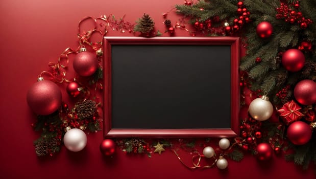 creative Christmas frame on a red background. Christmas and New Year holidays banner, postcard, invitation, celebration